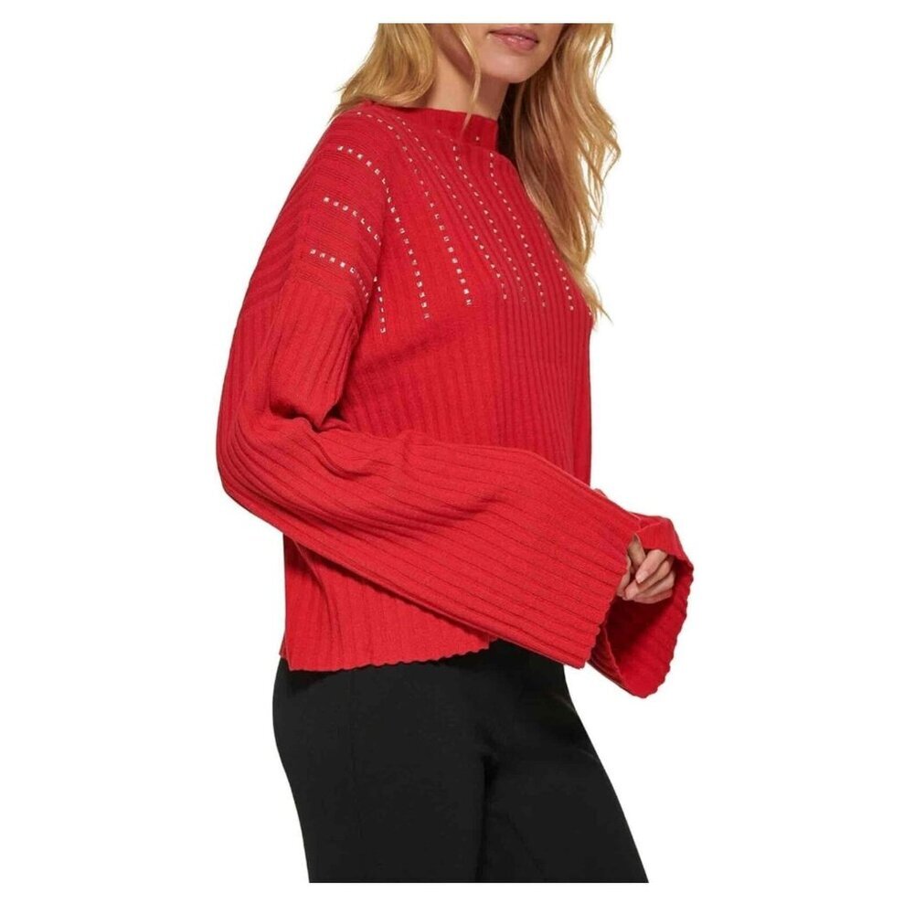 DKNY Womens Red Embellished Ribbed Knit Pullover Sweater Size Large - Picture 3 of 3